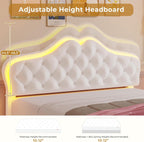 ADORNEVE Twin Bed Frame with RGB LED Lights, Princess Bed Frame with Adjustable Crystal Button Headboard, Velet Upholstered Platform Bed for Girls, Solid Wooden Slats, Easy Assembly, Creamy White - Grand Goldman