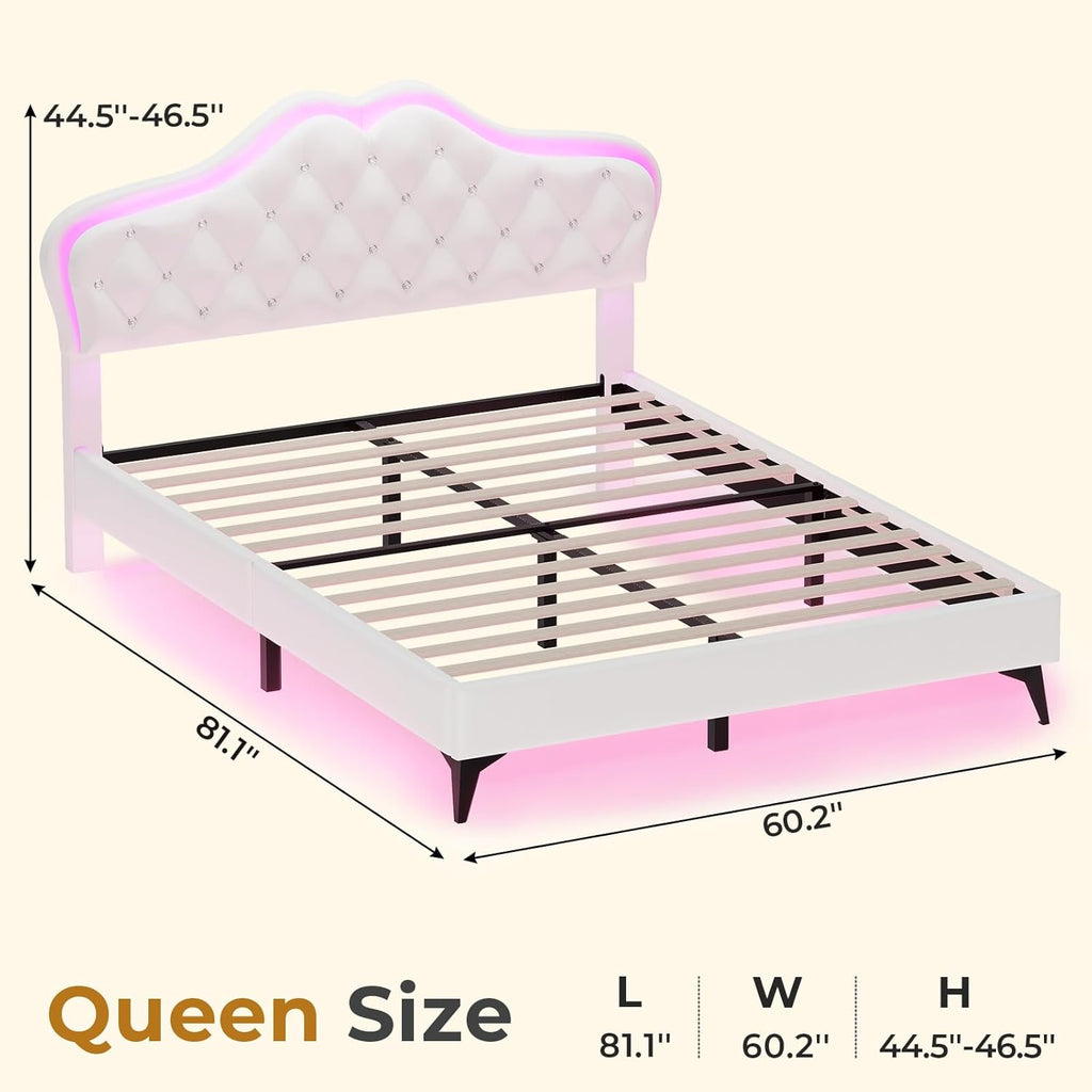 ADORNEVE Twin Bed Frame with RGB LED Lights, Princess Bed Frame with Adjustable Crystal Button Headboard, Velet Upholstered Platform Bed for Girls, Solid Wooden Slats, Easy Assembly, Creamy White - Grand Goldman