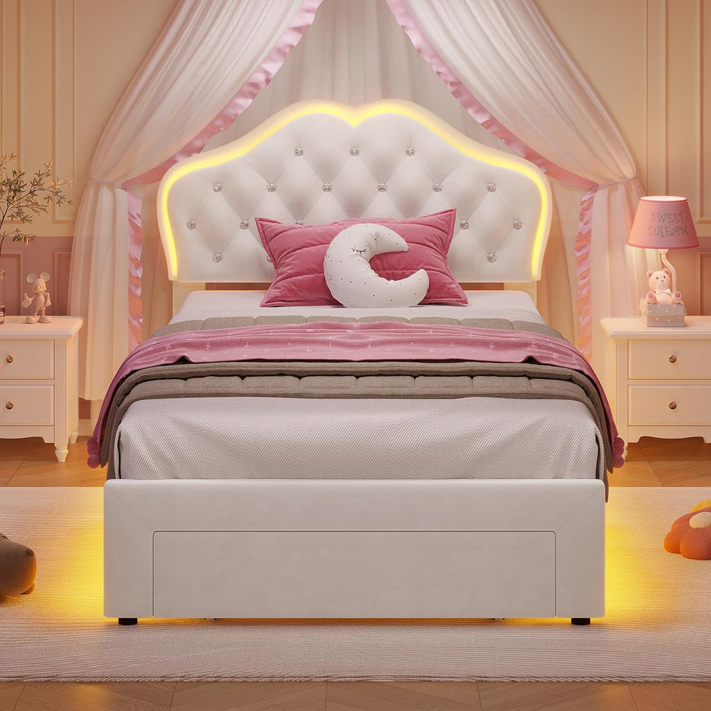 ADORNEVE Twin Bed Frame with RGB LED Lights, Princess Bed Frame with Adjustable Crystal Button Headboard, Velet Upholstered Platform Bed for Girls, Solid Wooden Slats, Easy Assembly, Creamy White - Grand Goldman