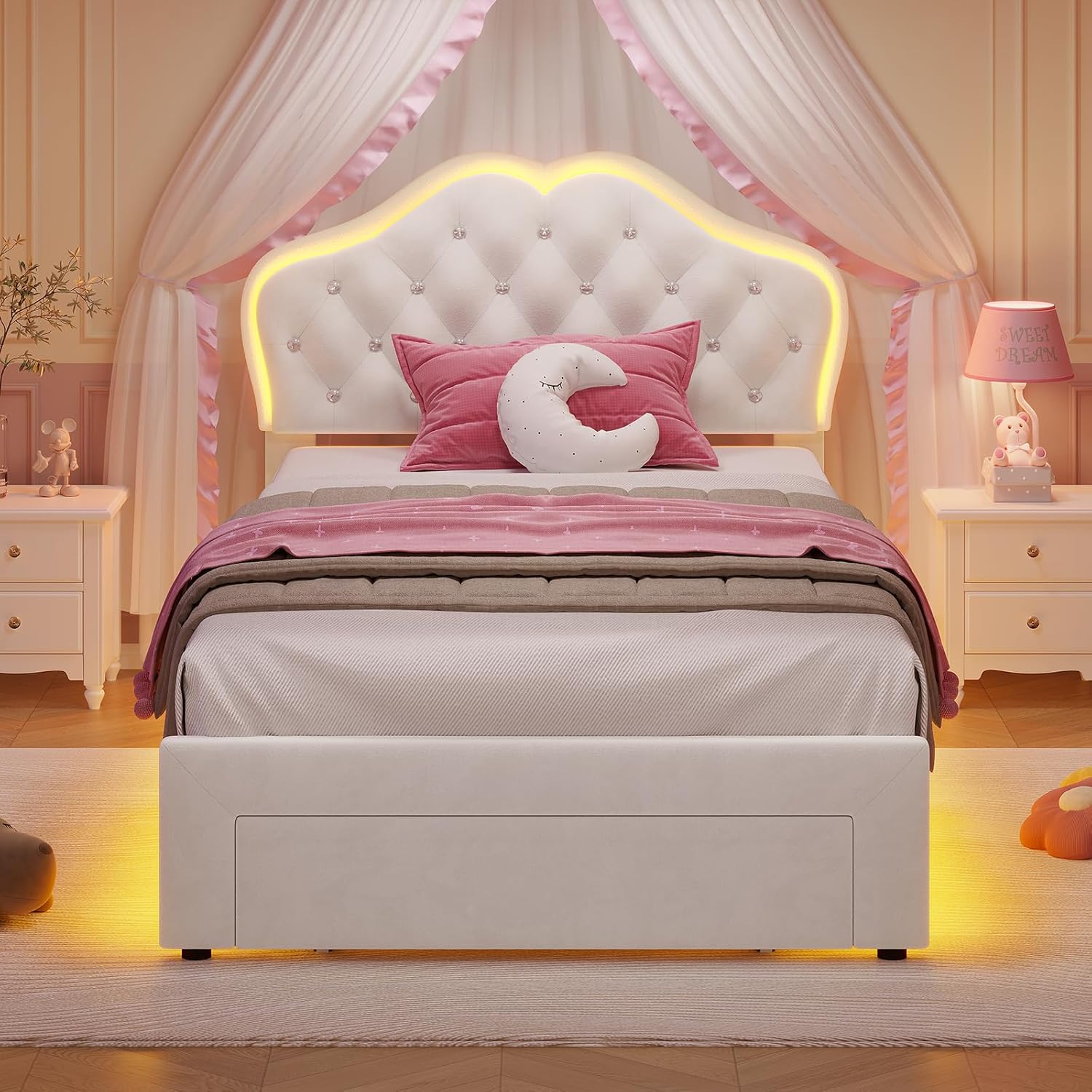 ADORNEVE Twin Bed Frame with RGB LED Lights, Princess Bed Frame with Adjustable Crystal Button Headboard, Velet Upholstered Platform Bed for Girls, Solid Wooden Slats, Easy Assembly, Creamy White - Grand Goldman