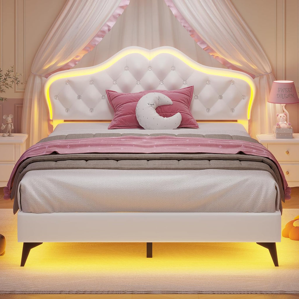 ADORNEVE Twin Bed Frame with RGB LED Lights, Princess Bed Frame with Adjustable Crystal Button Headboard, Velet Upholstered Platform Bed for Girls, Solid Wooden Slats, Easy Assembly, Creamy White - Grand Goldman