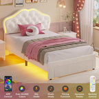 ADORNEVE Twin Bed Frame with RGB LED Lights, Princess Bed Frame with Adjustable Crystal Button Headboard, Velet Upholstered Platform Bed for Girls, Solid Wooden Slats, Easy Assembly, Creamy White - Grand Goldman