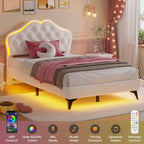 ADORNEVE Twin Bed Frame with RGB LED Lights, Princess Bed Frame with Adjustable Crystal Button Headboard, Velet Upholstered Platform Bed for Girls, Solid Wooden Slats, Easy Assembly, Creamy White - Grand Goldman