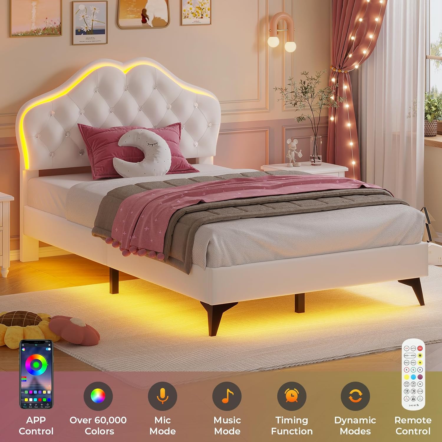 ADORNEVE Twin Bed Frame with RGB LED Lights, Princess Bed Frame with Adjustable Crystal Button Headboard, Velet Upholstered Platform Bed for Girls, Solid Wooden Slats, Easy Assembly, Creamy White - Grand Goldman