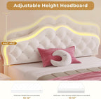 ADORNEVE Twin Bed Frame with RGB LED Lights, Princess Bed Frame with Adjustable Crystal Button Headboard, Velet Upholstered Platform Bed for Girls, Solid Wooden Slats, Easy Assembly, Creamy White - Grand Goldman