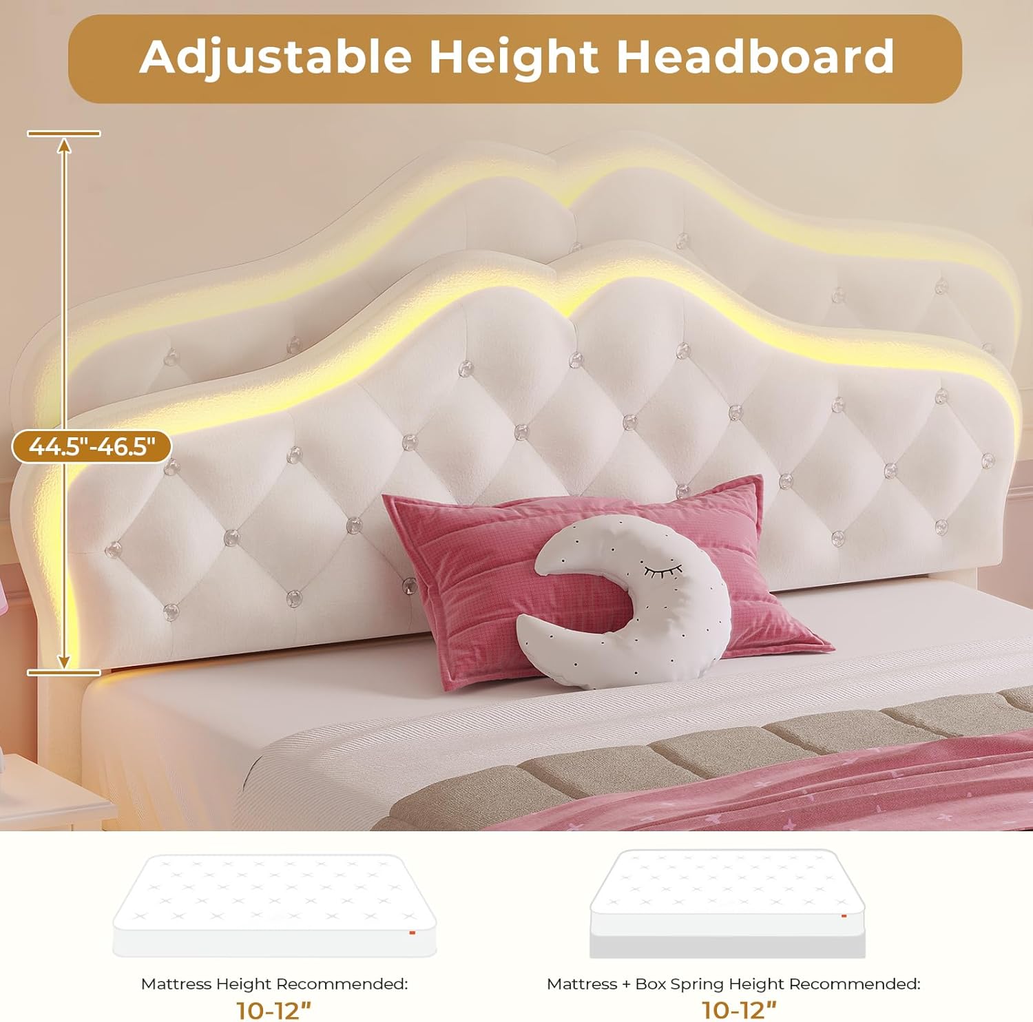 ADORNEVE Twin Bed Frame with RGB LED Lights, Princess Bed Frame with Adjustable Crystal Button Headboard, Velet Upholstered Platform Bed for Girls, Solid Wooden Slats, Easy Assembly, Creamy White - Grand Goldman