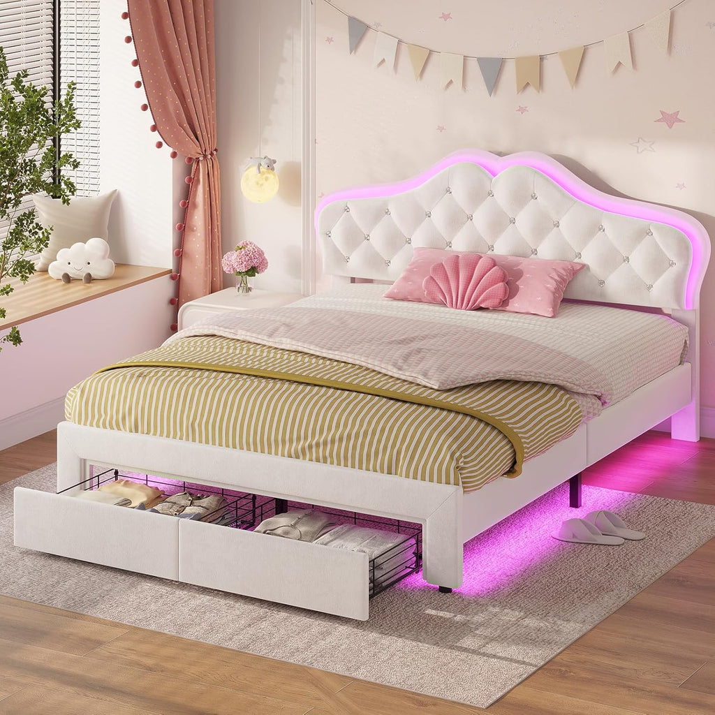 ADORNEVE Twin Bed Frame with RGB LED Lights, Princess Bed Frame with Adjustable Crystal Button Headboard, Velet Upholstered Platform Bed for Girls, Solid Wooden Slats, Easy Assembly, Creamy White - Grand Goldman