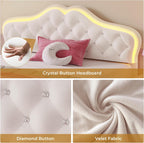 ADORNEVE Twin Bed Frame with RGB LED Lights, Princess Bed Frame with Adjustable Crystal Button Headboard, Velet Upholstered Platform Bed for Girls, Solid Wooden Slats, Easy Assembly, Creamy White - Grand Goldman