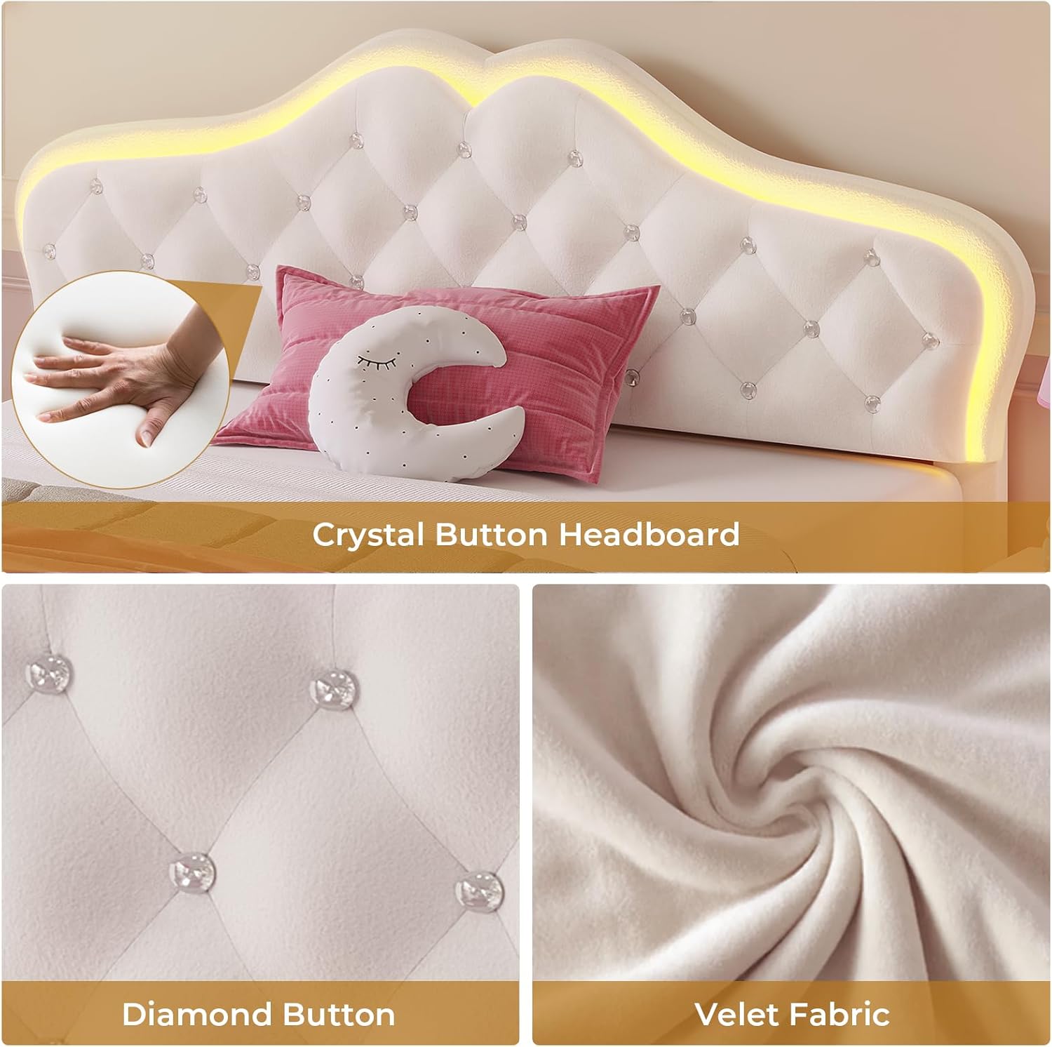 ADORNEVE Twin Bed Frame with RGB LED Lights, Princess Bed Frame with Adjustable Crystal Button Headboard, Velet Upholstered Platform Bed for Girls, Solid Wooden Slats, Easy Assembly, Creamy White - Grand Goldman