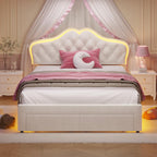 ADORNEVE Twin Bed Frame with RGB LED Lights, Princess Bed Frame with Adjustable Crystal Button Headboard, Velet Upholstered Platform Bed for Girls, Solid Wooden Slats, Easy Assembly, Creamy White - Grand Goldman