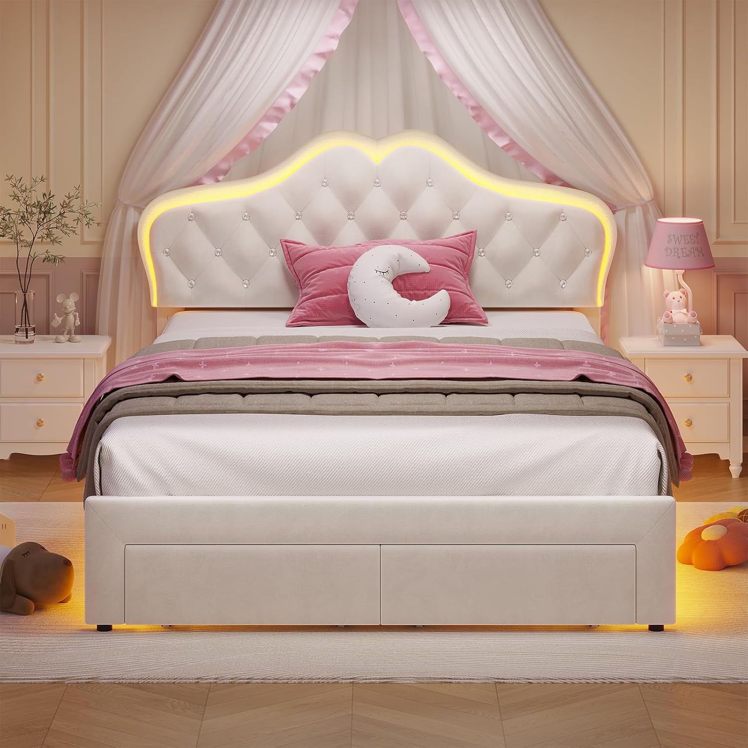 ADORNEVE Twin Bed Frame with RGB LED Lights, Princess Bed Frame with Adjustable Crystal Button Headboard, Velet Upholstered Platform Bed for Girls, Solid Wooden Slats, Easy Assembly, Creamy White - Grand Goldman