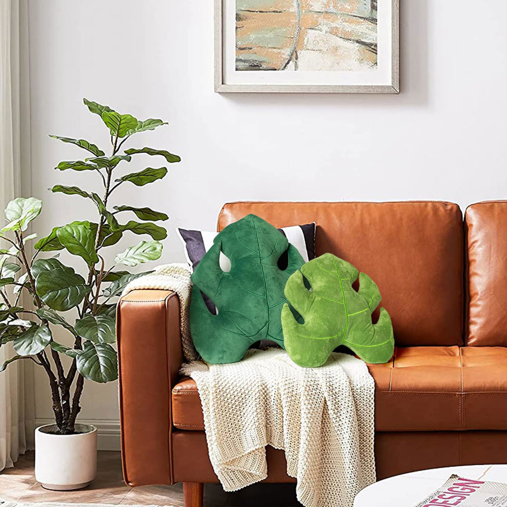 AELS Set of 2 3D Leaves Decorative Throw Pillows, 18"& 14" Monstera Deliciosa Plush Pillow Set for Plant Lovers Garden Lovers, Living Room Bedroom Nursery Decor, Light Green & Dark Green - Grand Goldman