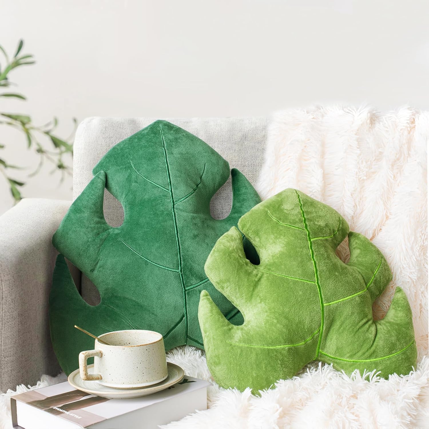 AELS Set of 2 3D Leaves Decorative Throw Pillows, 18"& 14" Monstera Deliciosa Plush Pillow Set for Plant Lovers Garden Lovers, Living Room Bedroom Nursery Decor, Light Green & Dark Green - Grand Goldman