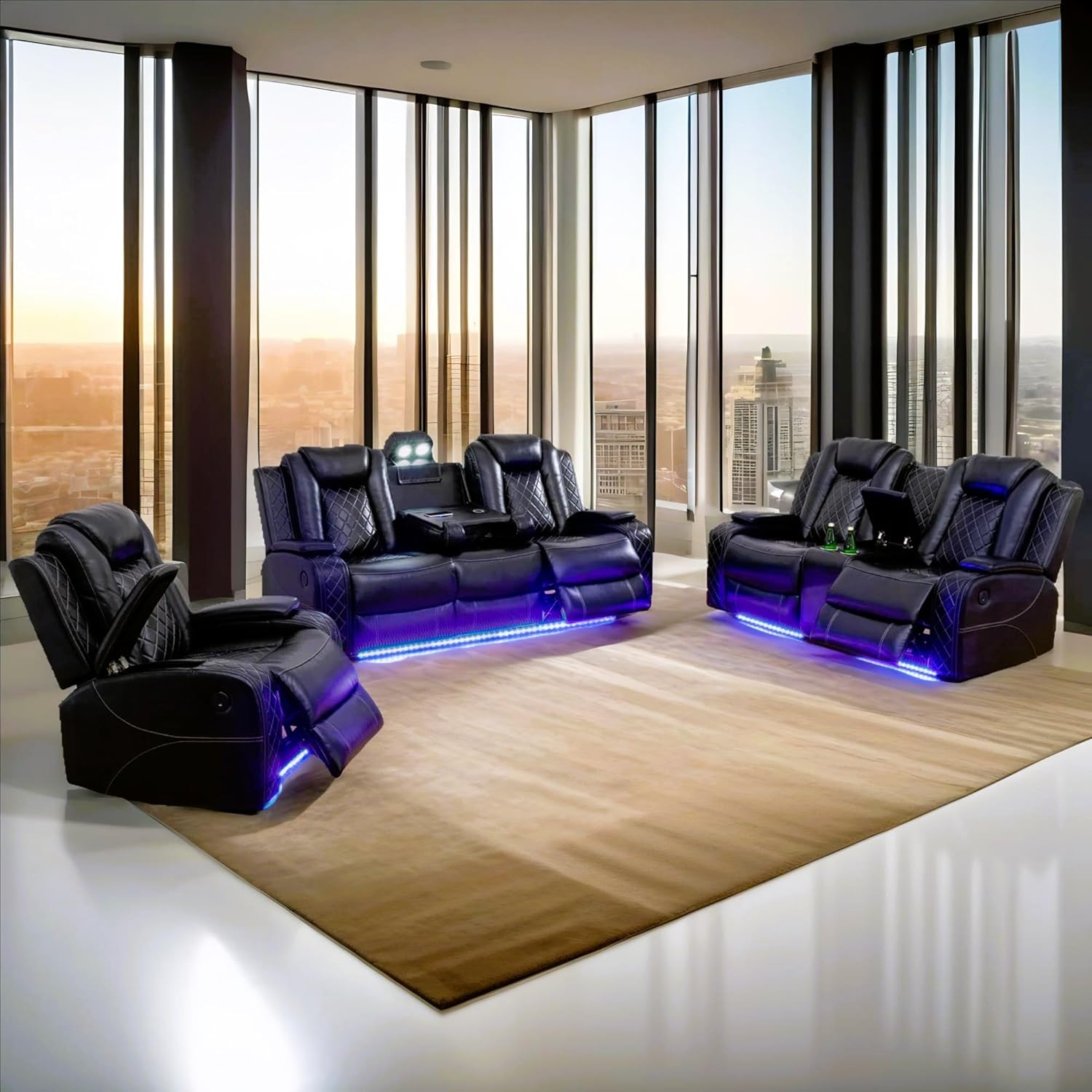 AJI Power Recliner Living Room Set with LED for Living Room, Dormitory, Guest House, Playroom, Airbnb,Apartment - Grand Goldman