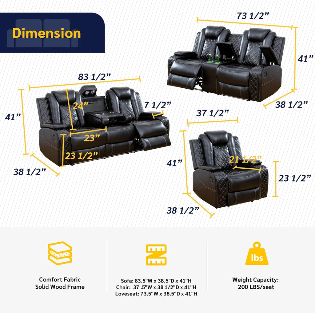 AJI Power Recliner Living Room Set with LED for Living Room, Dormitory, Guest House, Playroom, Airbnb,Apartment - Grand Goldman