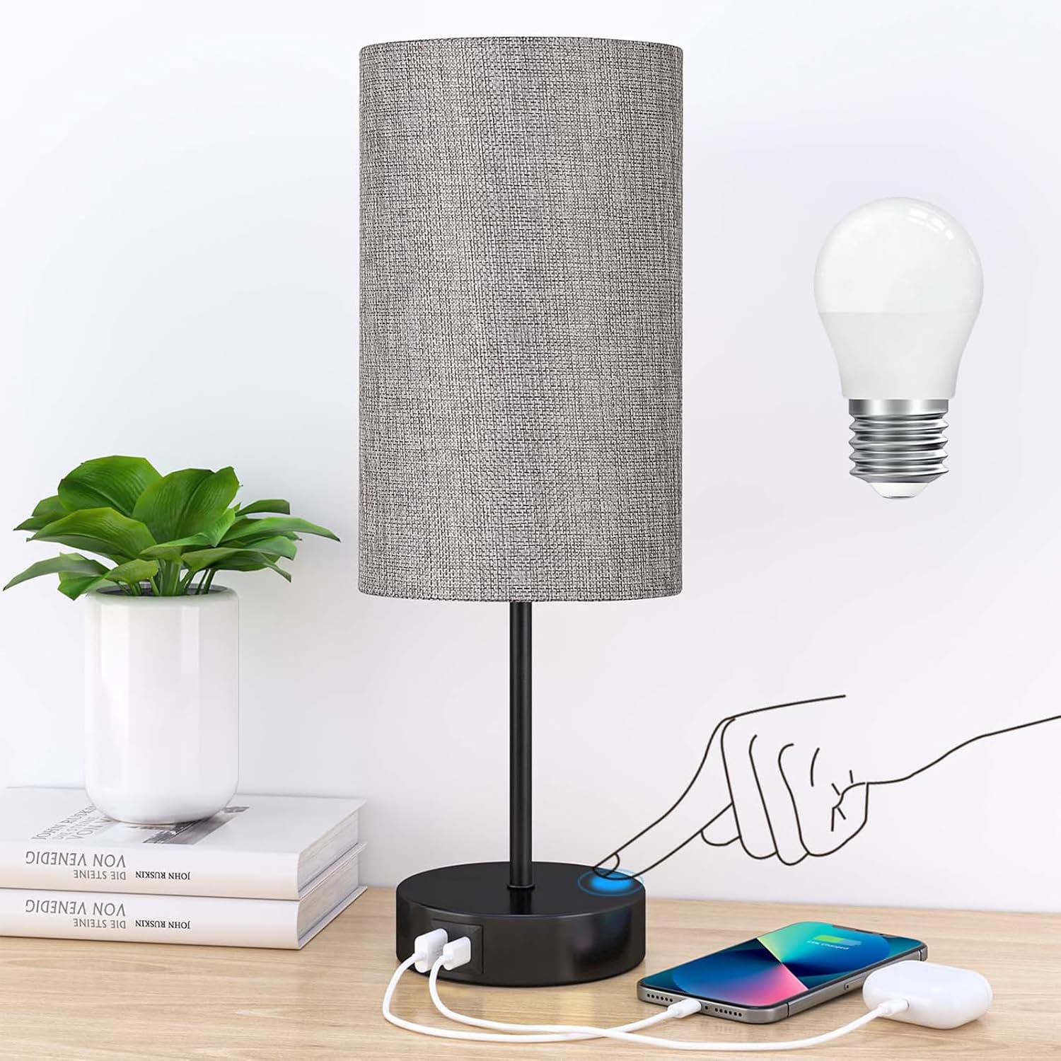 AKASUKI Table Lamp for Bedroom, 3 Way Dimmable Touch Lamp with Dual Charging Station, Small Bedside Lamps for Night Stands, Living Room, Office(LED Bulb Included) - Grand Goldman