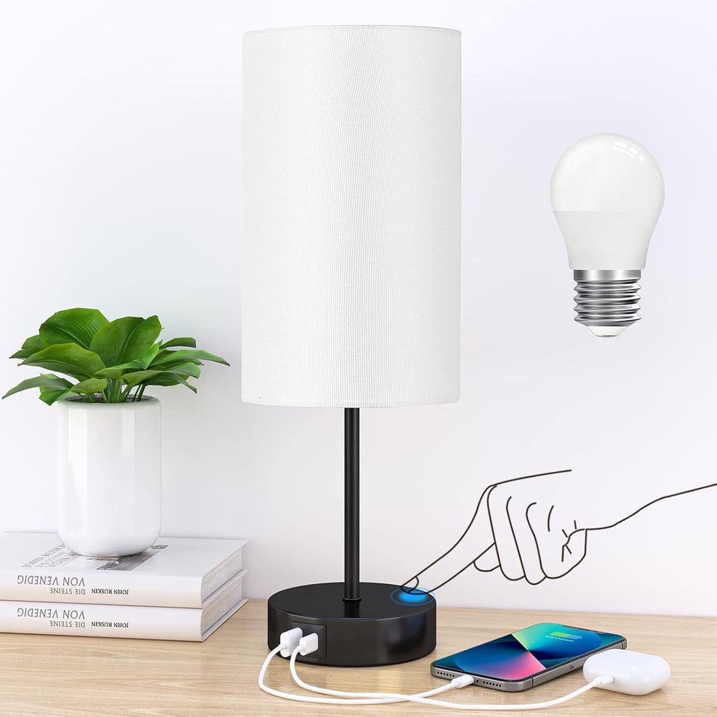 AKASUKI Table Lamp for Bedroom, 3 Way Dimmable Touch Lamp with Dual Charging Station, Small Bedside Lamps for Night Stands, Living Room, Office(LED Bulb Included) - Grand Goldman