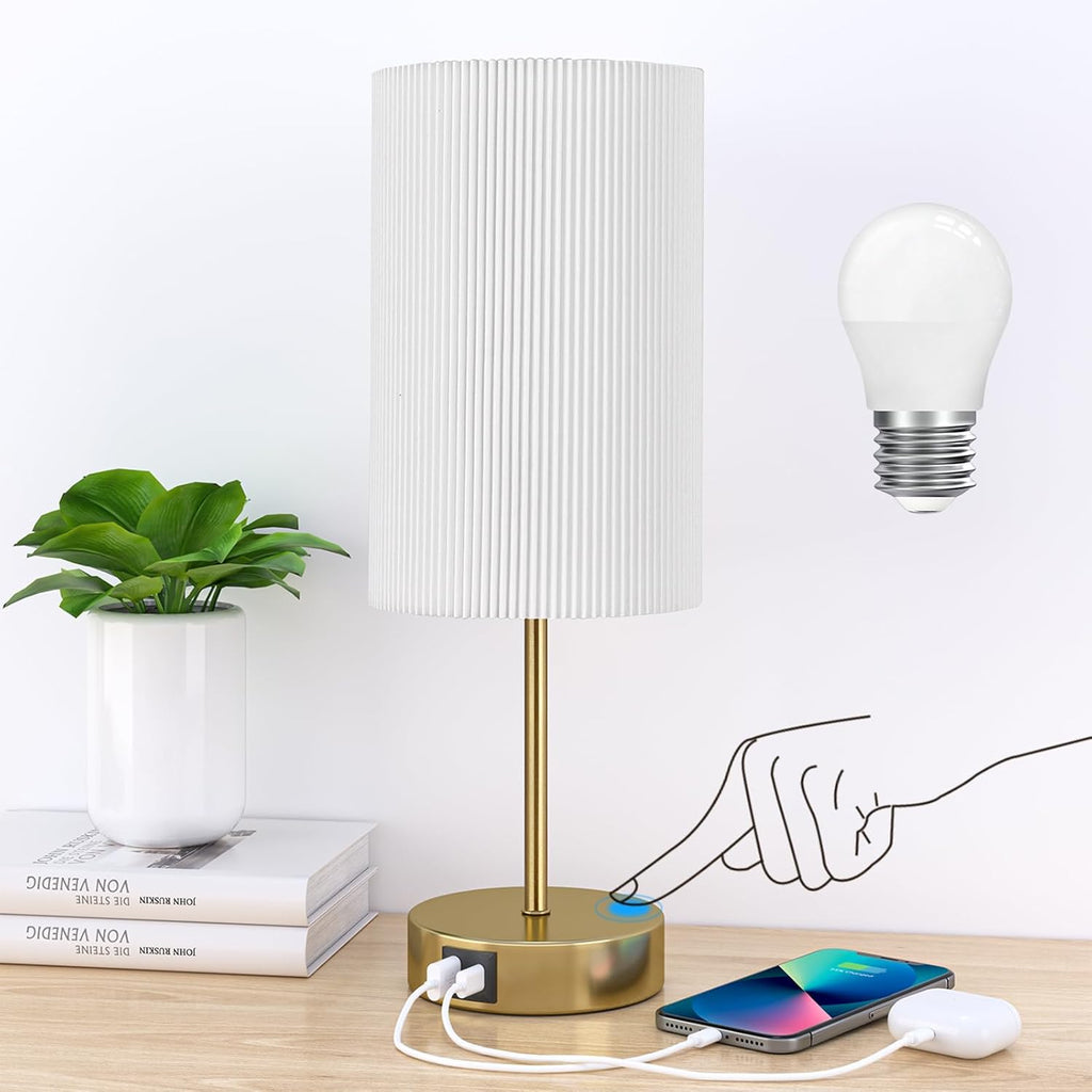 AKASUKI Table Lamp for Bedroom, 3 Way Dimmable Touch Lamp with Dual Charging Station, Small Bedside Lamps for Night Stands, Living Room, Office(LED Bulb Included) - Grand Goldman