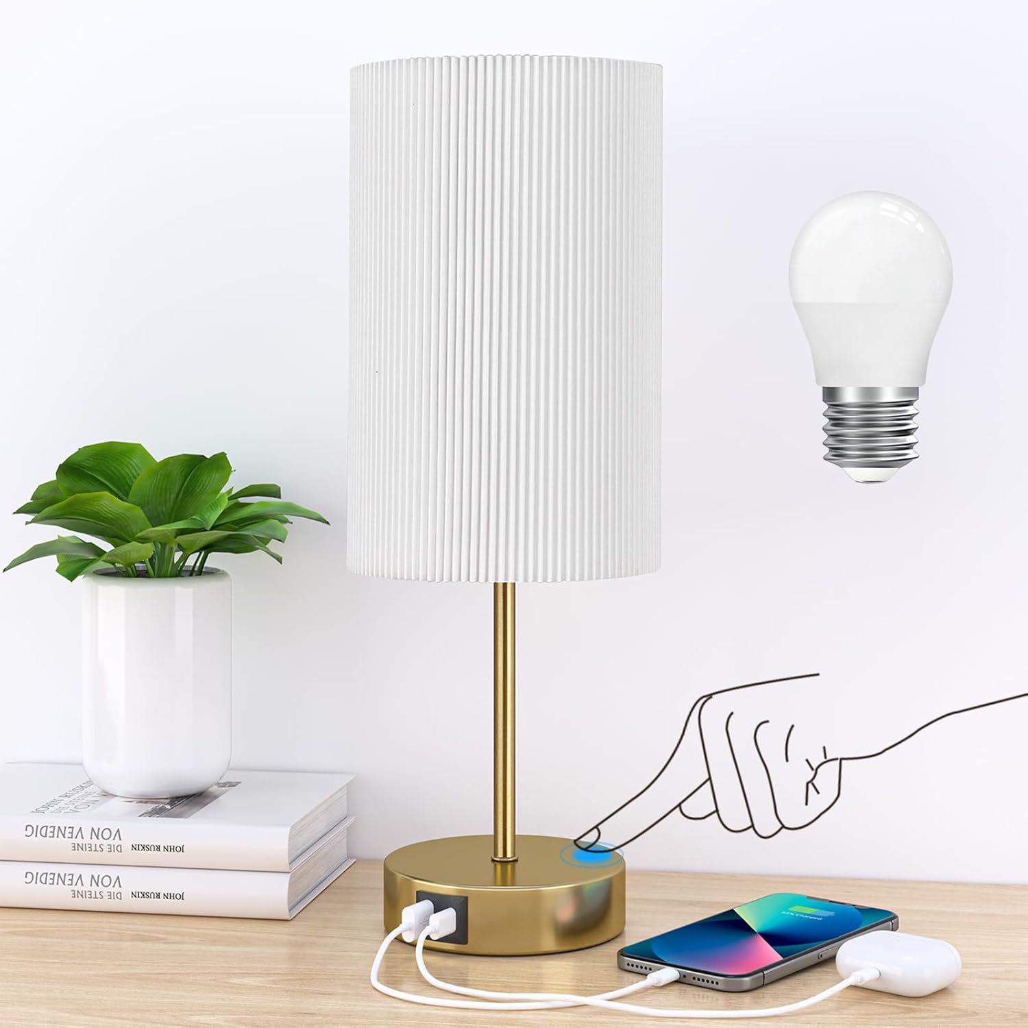 AKASUKI Table Lamp for Bedroom, 3 Way Dimmable Touch Lamp with Dual Charging Station, Small Bedside Lamps for Night Stands, Living Room, Office(LED Bulb Included) - Grand Goldman