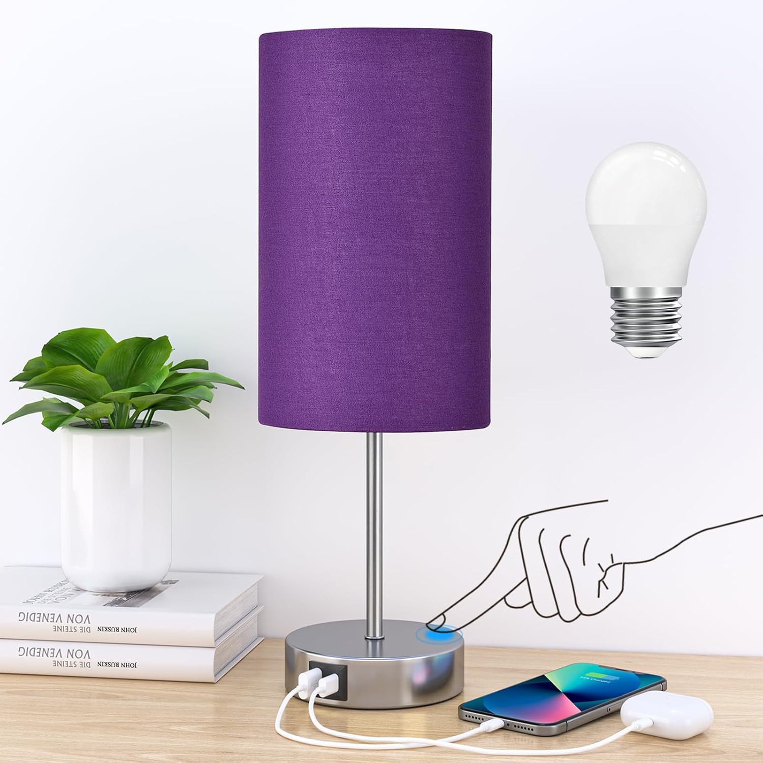 AKASUKI Table Lamp for Bedroom, 3 Way Dimmable Touch Lamp with Dual Charging Station, Small Bedside Lamps for Night Stands, Living Room, Office(LED Bulb Included) - Grand Goldman