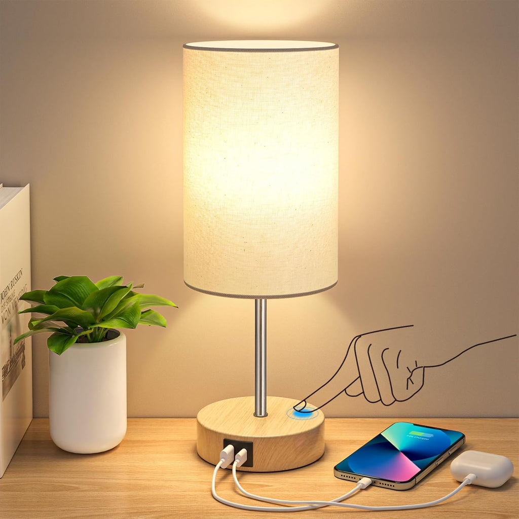 AKASUKI Table Lamp for Bedroom, 3 Way Dimmable Touch Lamp with Dual Charging Station, Small Bedside Lamps for Night Stands, Living Room, Office(LED Bulb Included) - Grand Goldman