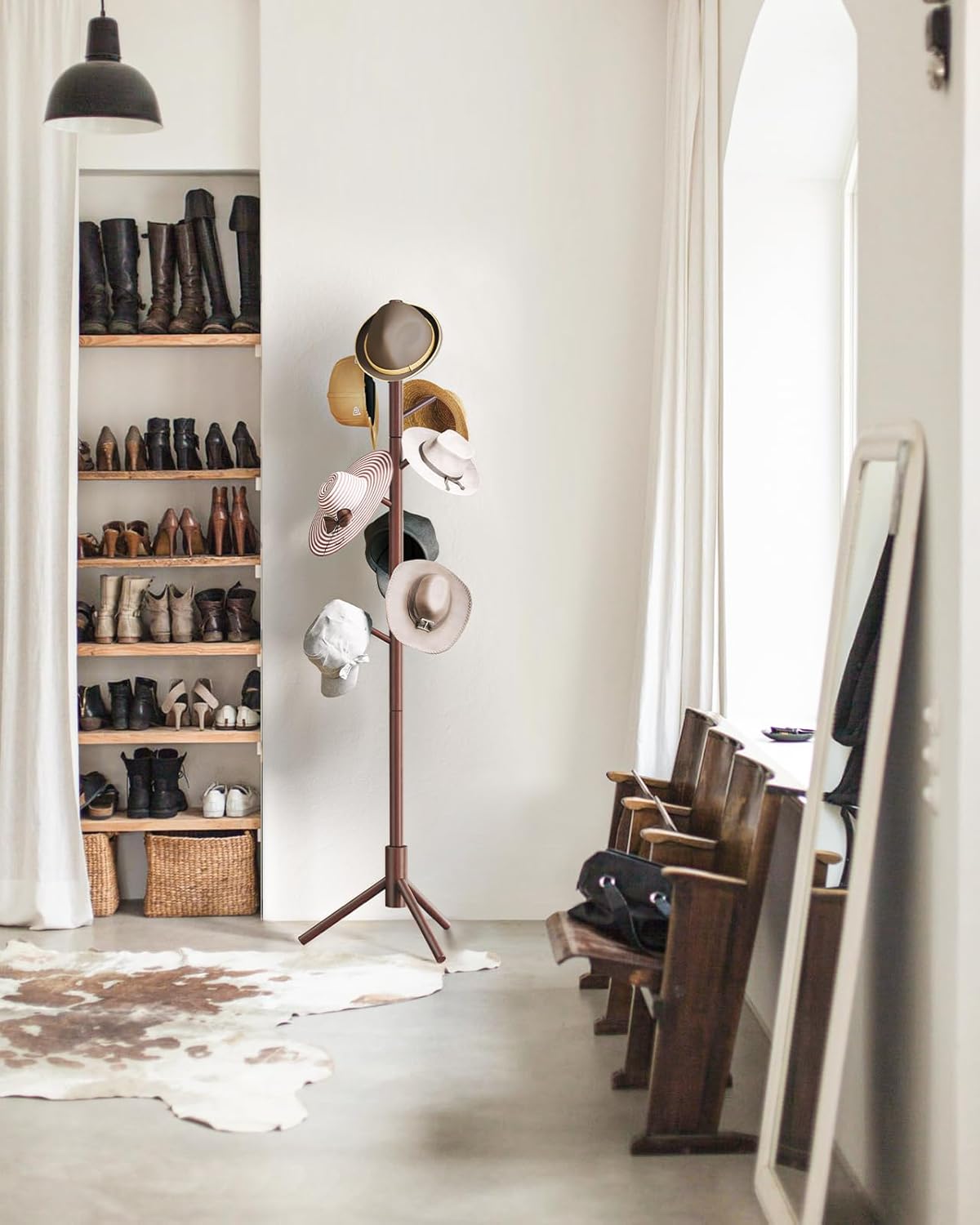 AMADA HOMEFURNISHING Coat Rack Stand, Wooden Coat Rack Freestanding with 8 Hooks, Coat Tree with 3 Height Configurations for Entryway, Hallway, Bedroom, Office, AMWCR01N - Grand Goldman