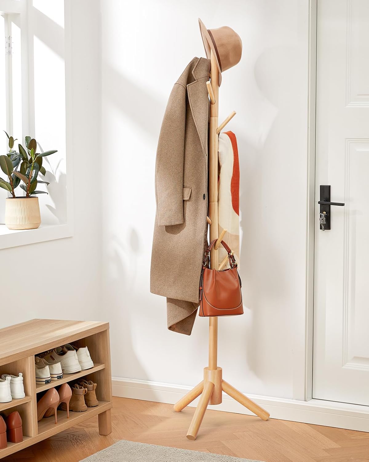 AMADA HOMEFURNISHING Coat Rack Stand, Wooden Coat Rack Freestanding with 8 Hooks, Coat Tree with 3 Height Configurations for Entryway, Hallway, Bedroom, Office, AMWCR01N - Grand Goldman