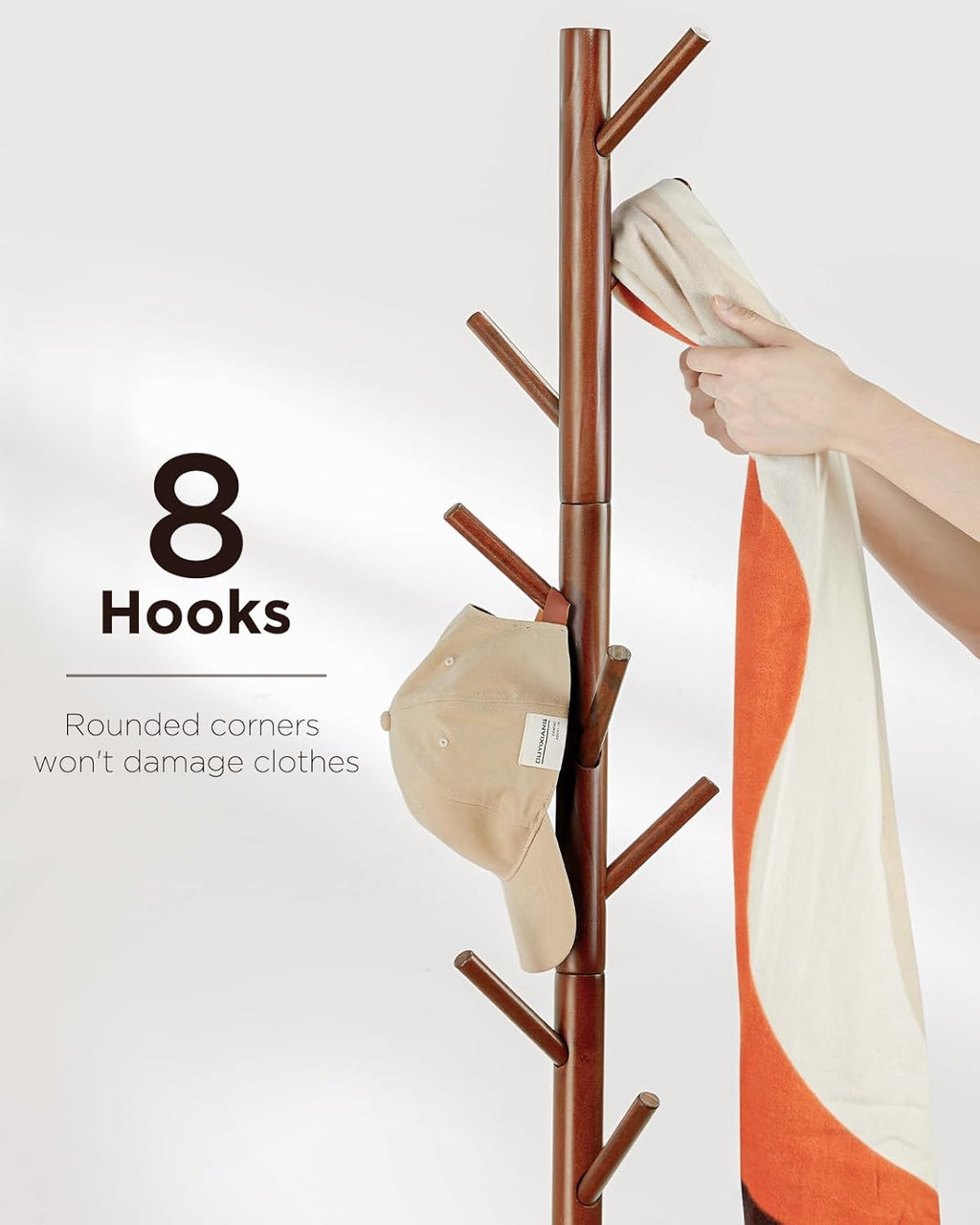 AMADA HOMEFURNISHING Coat Rack Stand, Wooden Coat Rack Freestanding with 8 Hooks, Coat Tree with 3 Height Configurations for Entryway, Hallway, Bedroom, Office, AMWCR01N - Grand Goldman