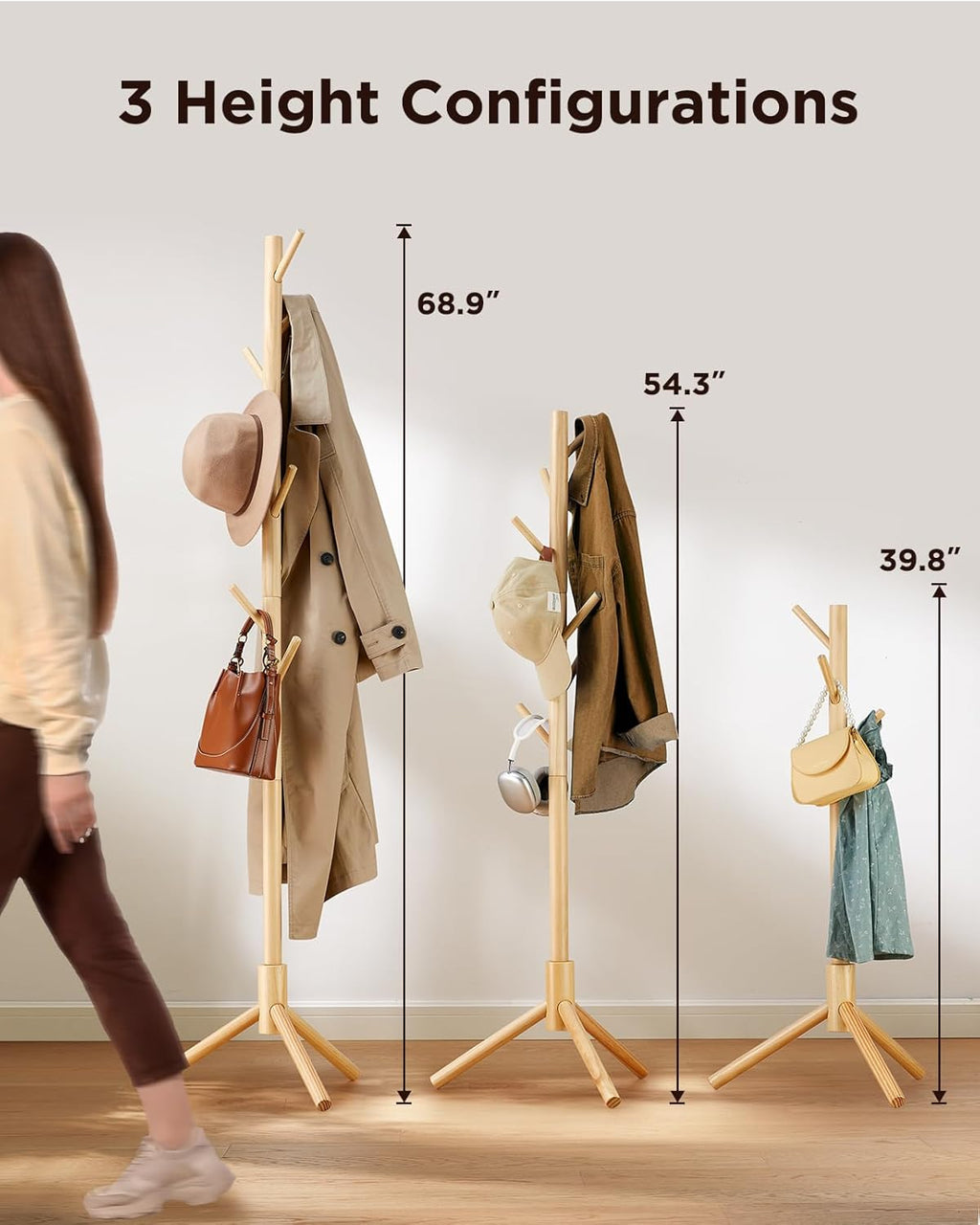 AMADA HOMEFURNISHING Coat Rack Stand, Wooden Coat Rack Freestanding with 8 Hooks, Coat Tree with 3 Height Configurations for Entryway, Hallway, Bedroom, Office, AMWCR01N - Grand Goldman