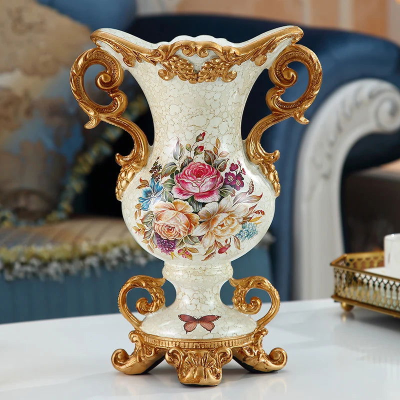AMBER'S Luxury European Resin Vase for Dried Flowers Victorian Style Golden Flower Pot Set with Detailed Engravings and Hand Paintings - Home Decor Ornaments Living Room Entrance Tabletop Cup - Grand Goldman