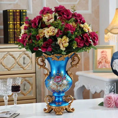 AMBER'S Luxury European Resin Vase for Dried Flowers Victorian Style Golden Flower Pot Set with Detailed Engravings and Hand Paintings - Home Decor Ornaments Living Room Entrance Tabletop Cup - Grand Goldman