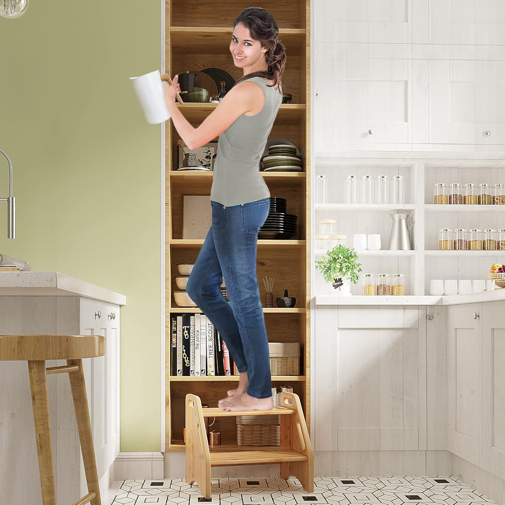 AMBIRD Wooden Step Stool, Two Step Stools Toddler 300 lbs Capacity with Safety Non-Slip Pads and Handles, Bamboo Step Stool for Bathroom, Kitchen Dual Height Step Stools for Kids (Natural) - Grand Goldman