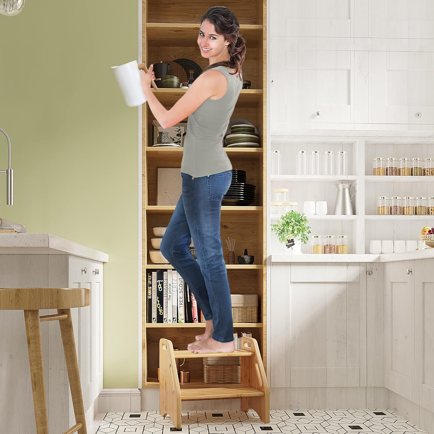 AMBIRD Wooden Step Stool, Two Step Stools Toddler 300 lbs Capacity with Safety Non-Slip Pads and Handles, Bamboo Step Stool for Bathroom, Kitchen Dual Height Step Stools for Kids (Natural) - Grand Goldman