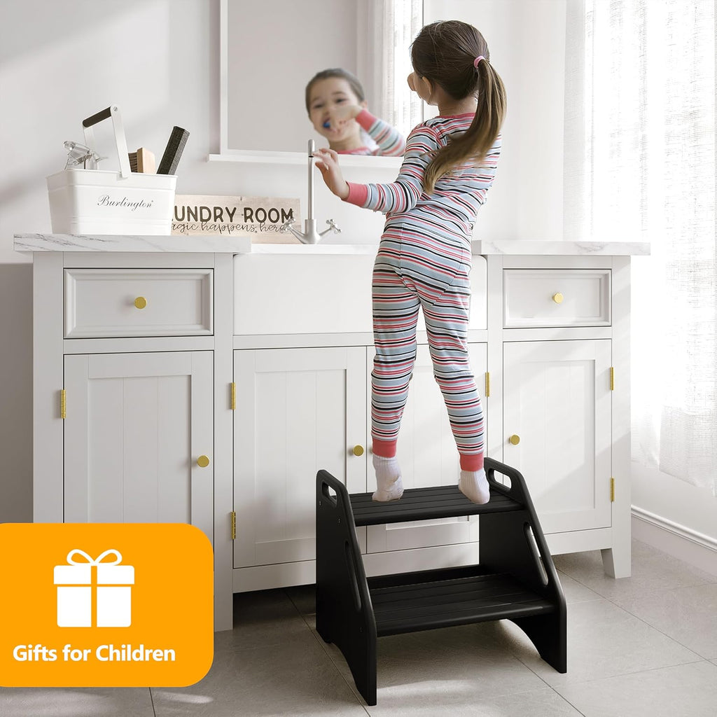 AMBIRD Wooden Step Stool, Two Step Stools Toddler 300 lbs Capacity with Safety Non-Slip Pads and Handles, Bamboo Step Stool for Bathroom, Kitchen Dual Height Step Stools for Kids (Natural) - Grand Goldman