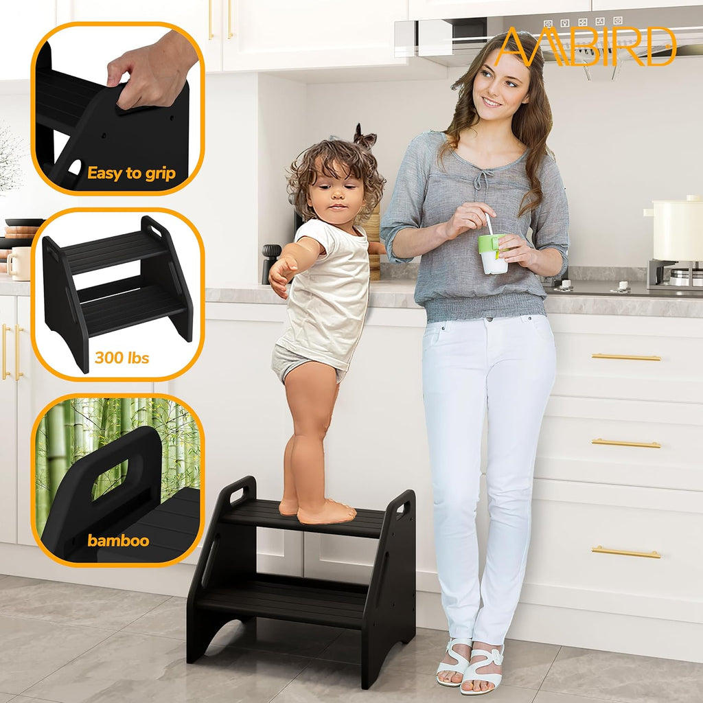 AMBIRD Wooden Step Stool, Two Step Stools Toddler 300 lbs Capacity with Safety Non-Slip Pads and Handles, Bamboo Step Stool for Bathroom, Kitchen Dual Height Step Stools for Kids (Natural) - Grand Goldman