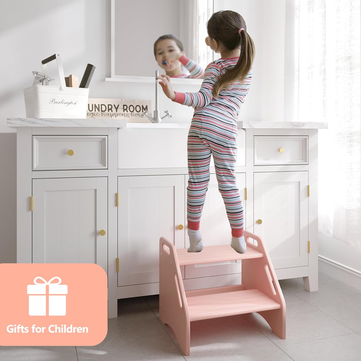 AMBIRD Wooden Step Stool, Two Step Stools Toddler 300 lbs Capacity with Safety Non-Slip Pads and Handles, Bamboo Step Stool for Bathroom, Kitchen Dual Height Step Stools for Kids (Natural) - Grand Goldman