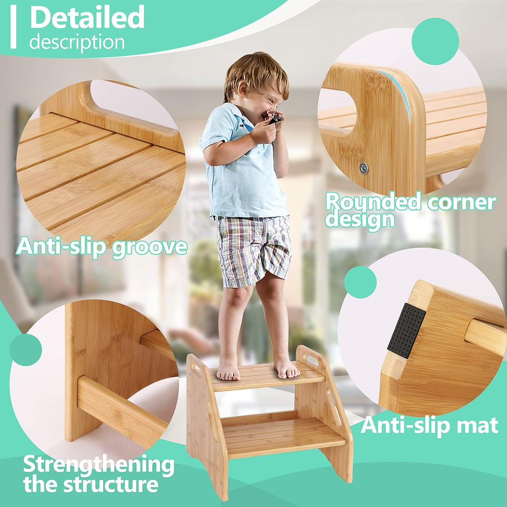 AMBIRD Wooden Step Stool, Two Step Stools Toddler 300 lbs Capacity with Safety Non-Slip Pads and Handles, Bamboo Step Stool for Bathroom, Kitchen Dual Height Step Stools for Kids (Natural) - Grand Goldman