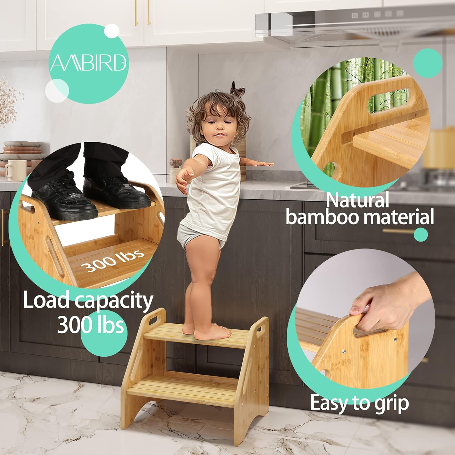 AMBIRD Wooden Step Stool, Two Step Stools Toddler 300 lbs Capacity with Safety Non-Slip Pads and Handles, Bamboo Step Stool for Bathroom, Kitchen Dual Height Step Stools for Kids (Natural) - Grand Goldman