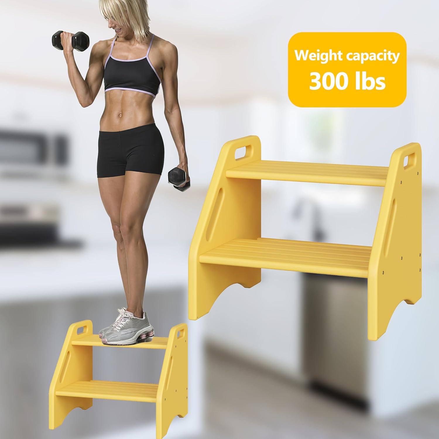 AMBIRD Wooden Step Stool, Two Step Stools Toddler 300 lbs Capacity with Safety Non-Slip Pads and Handles, Bamboo Step Stool for Bathroom, Kitchen Dual Height Step Stools for Kids (Natural) - Grand Goldman