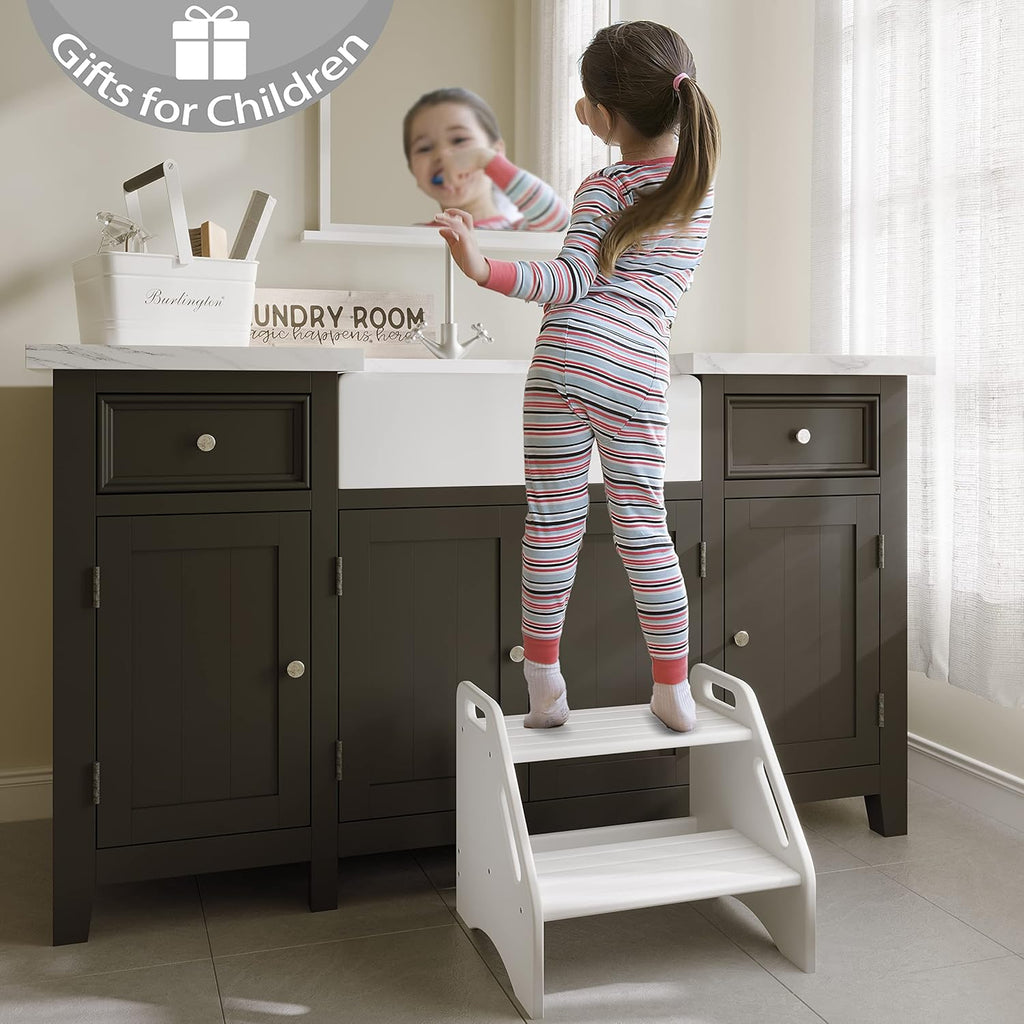 AMBIRD Wooden Step Stool, Two Step Stools Toddler 300 lbs Capacity with Safety Non-Slip Pads and Handles, Bamboo Step Stool for Bathroom, Kitchen Dual Height Step Stools for Kids (Natural) - Grand Goldman