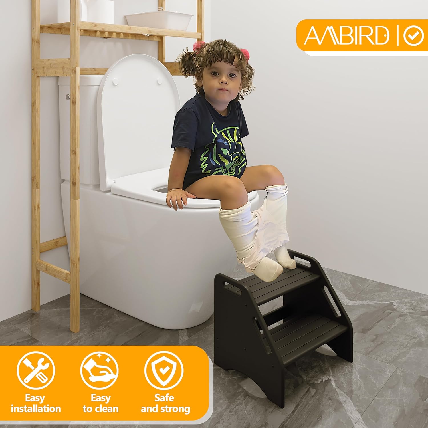 AMBIRD Wooden Step Stool, Two Step Stools Toddler 300 lbs Capacity with Safety Non-Slip Pads and Handles, Bamboo Step Stool for Bathroom, Kitchen Dual Height Step Stools for Kids (Natural) - Grand Goldman