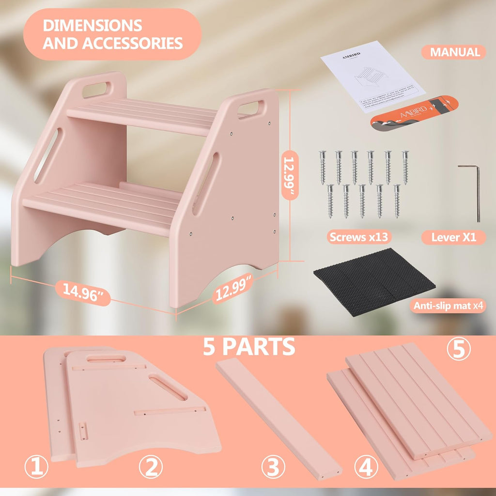 AMBIRD Wooden Step Stool, Two Step Stools Toddler 300 lbs Capacity with Safety Non-Slip Pads and Handles, Bamboo Step Stool for Bathroom, Kitchen Dual Height Step Stools for Kids (Natural) - Grand Goldman