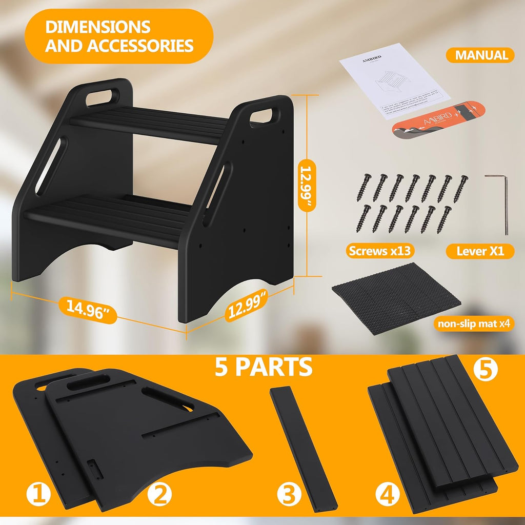 AMBIRD Wooden Step Stool, Two Step Stools Toddler 300 lbs Capacity with Safety Non-Slip Pads and Handles, Bamboo Step Stool for Bathroom, Kitchen Dual Height Step Stools for Kids (Natural) - Grand Goldman