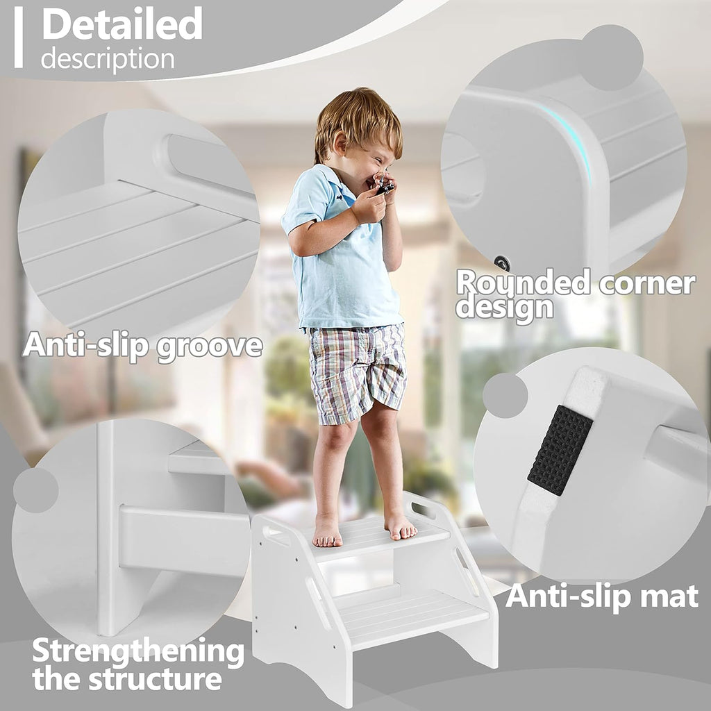 AMBIRD Wooden Step Stool, Two Step Stools Toddler 300 lbs Capacity with Safety Non-Slip Pads and Handles, Bamboo Step Stool for Bathroom, Kitchen Dual Height Step Stools for Kids (Natural) - Grand Goldman