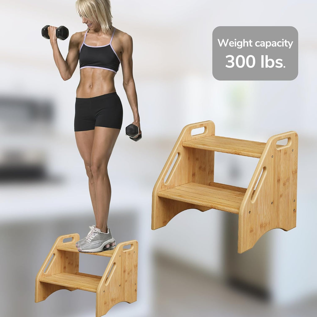 AMBIRD Wooden Step Stool, Two Step Stools Toddler 300 lbs Capacity with Safety Non-Slip Pads and Handles, Bamboo Step Stool for Bathroom, Kitchen Dual Height Step Stools for Kids (Natural) - Grand Goldman