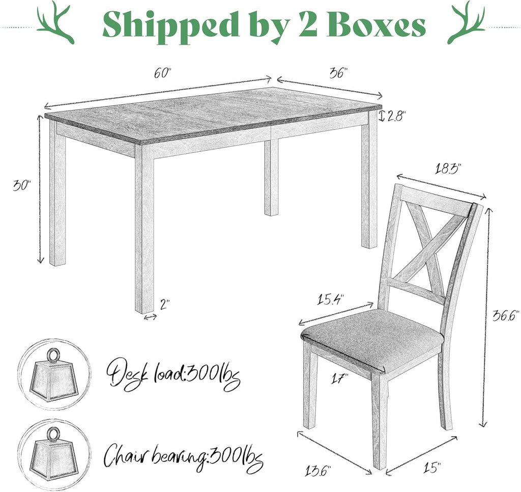 AMERLIFE 7-Piece 60" Wood Dining Table Set with 6 Upholstered Chairs, Farmhouse Space Saving Dinner Table & Chairs Set, for Dining Room, Kitchen, Restaurant, Brown & White - Grand Goldman