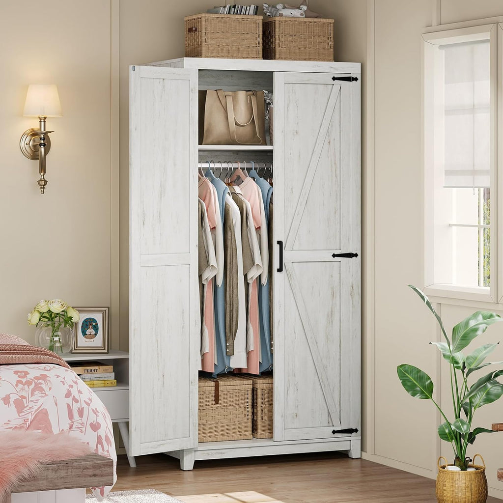 AMERLIFE Farmhouse Armoire Wardrobe Closet with 2 Barn Doors, 71'' Storage Cabinet with Hanging Rod & Shelf, Versatile Clothing Storage for Bedroom, Distressed White - Grand Goldman