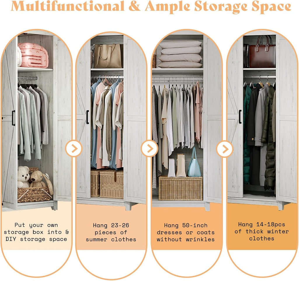 AMERLIFE Farmhouse Armoire Wardrobe Closet with 2 Barn Doors, 71'' Storage Cabinet with Hanging Rod & Shelf, Versatile Clothing Storage for Bedroom, Distressed White - Grand Goldman