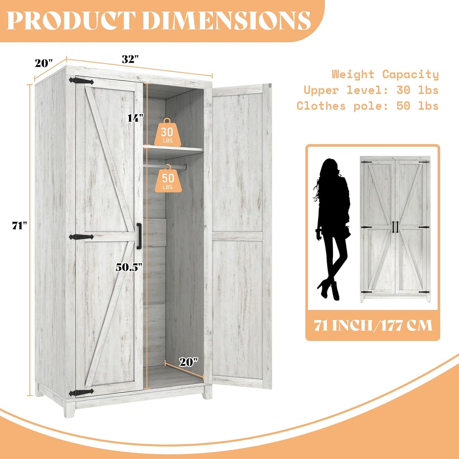 AMERLIFE Farmhouse Armoire Wardrobe Closet with 2 Barn Doors, 71'' Storage Cabinet with Hanging Rod & Shelf, Versatile Clothing Storage for Bedroom, Distressed White - Grand Goldman