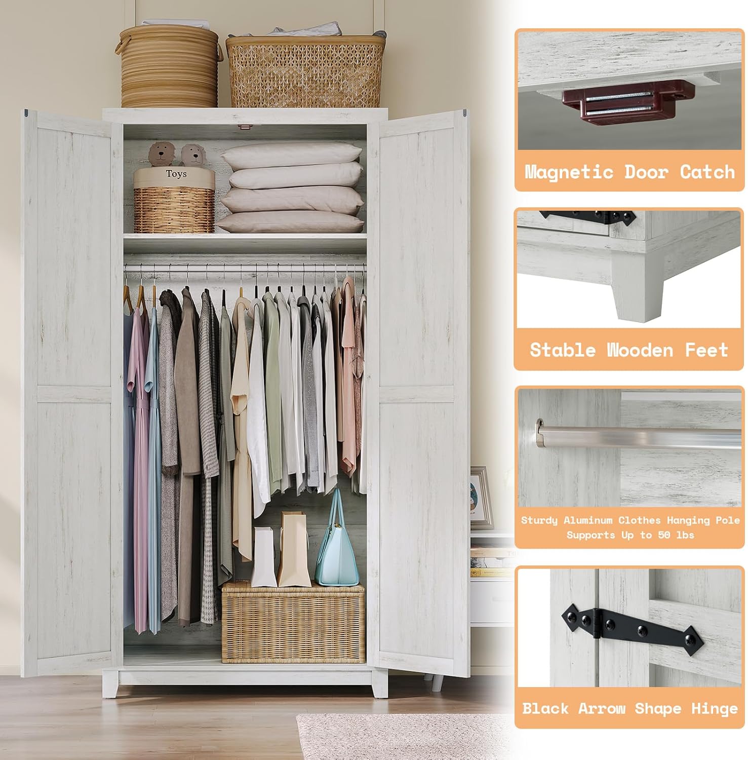 AMERLIFE Farmhouse Armoire Wardrobe Closet with 2 Barn Doors, 71'' Storage Cabinet with Hanging Rod & Shelf, Versatile Clothing Storage for Bedroom, Distressed White - Grand Goldman
